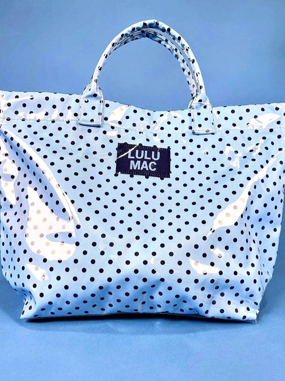 Lulu Mac Polka Dot Vinyl Everyday Tote Bag Tote in light blue and navy polka dot